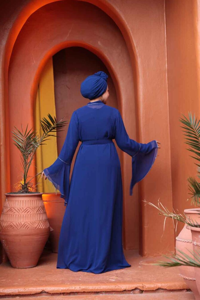 Tesettürlü Abiye Elbise - Boncuk Detaylı Sax Mavisi Tesettür Abiye Elbise 25905SX - 4