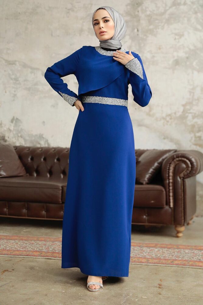 Tesettürlü Abiye Elbise - Boncuk Detaylı Sax Mavisi Tesettür Abiye Elbise 38081SX - 1