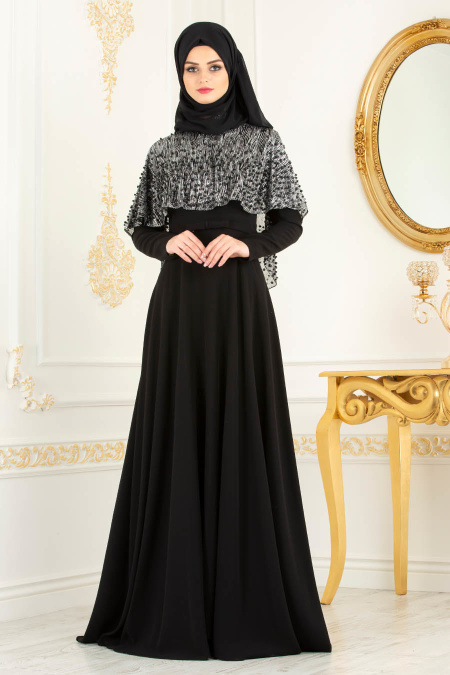 Tesettürlü Abiye Elbise - Boncuk Detaylı Siyah Dantel Tesettür Abiye Elbise 36850S