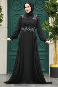 Tesettürlü Abiye Elbise - Boncuk Detaylı Siyah Tesettür Abiye Elbise 22113S - Thumbnail