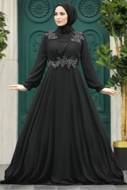 Tesettürlü Abiye Elbise - Boncuk Detaylı Siyah Tesettür Abiye Elbise 22113S - Thumbnail