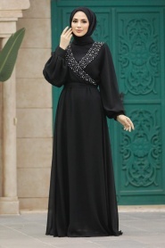 Tesettürlü Abiye Elbise - Boncuk Detaylı Siyah Tesettür Abiye Elbise 22153S - Thumbnail