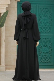 Tesettürlü Abiye Elbise - Boncuk Detaylı Siyah Tesettür Abiye Elbise 22153S - Thumbnail