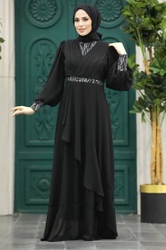 Tesettürlü Abiye Elbise - Boncuk Detaylı Siyah Tesettür Abiye Elbise 22201S - Thumbnail
