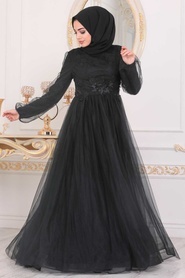 Tesettürlü Abiye Elbise - Boncuk Detaylı Siyah Tesettür Abiye Elbise 22670S - Thumbnail