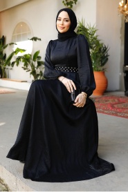Tesettürlü Abiye Elbise - Boncuk Detaylı Siyah Tesettür Abiye Elbise 23301S - Thumbnail