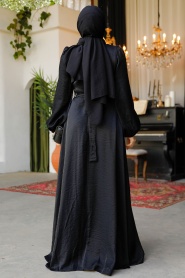 Tesettürlü Abiye Elbise - Boncuk Detaylı Siyah Tesettür Abiye Elbise 23301S - Thumbnail