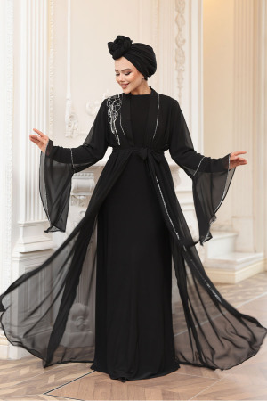 Tesettürlü Abiye Elbise - Boncuk Detaylı Siyah Tesettür Abiye Elbise 25905S 