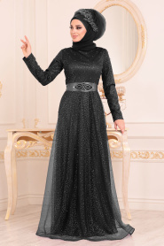 Tesettürlü Abiye Elbise - Boncuk Detaylı Siyah Tesettür Abiye Elbise 31470S - Thumbnail