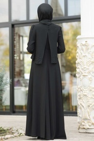 Tesettürlü Abiye Elbise - Boncuk Detaylı Siyah Tesettür Abiye Elbise 36840S - Thumbnail
