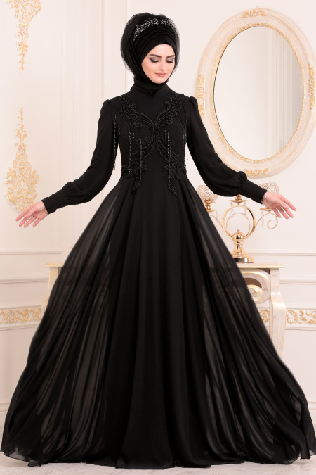 Tesettürlü Abiye Elbise - Boncuk Detaylı Siyah Tesettür Abiye Elbise 36901S