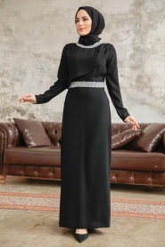 Tesettürlü Abiye Elbise - Boncuk Detaylı Siyah Tesettür Abiye Elbise 38081S - Thumbnail