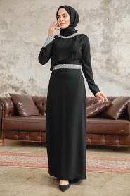 Tesettürlü Abiye Elbise - Boncuk Detaylı Siyah Tesettür Abiye Elbise 38081S - Thumbnail