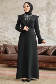 Tesettürlü Abiye Elbise - Boncuk Detaylı Siyah Tesettür Abiye Elbise 38091S - Thumbnail