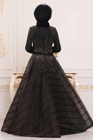 Tesettürlü Abiye Elbise - Boncuk Detaylı Siyah Tesettür Abiye Elbise 4691S - Thumbnail