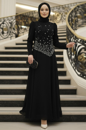 Tesettürlü Abiye Elbise - Boncuk Detaylı Siyah Tesettür Abiye Elbise 4832S - 1