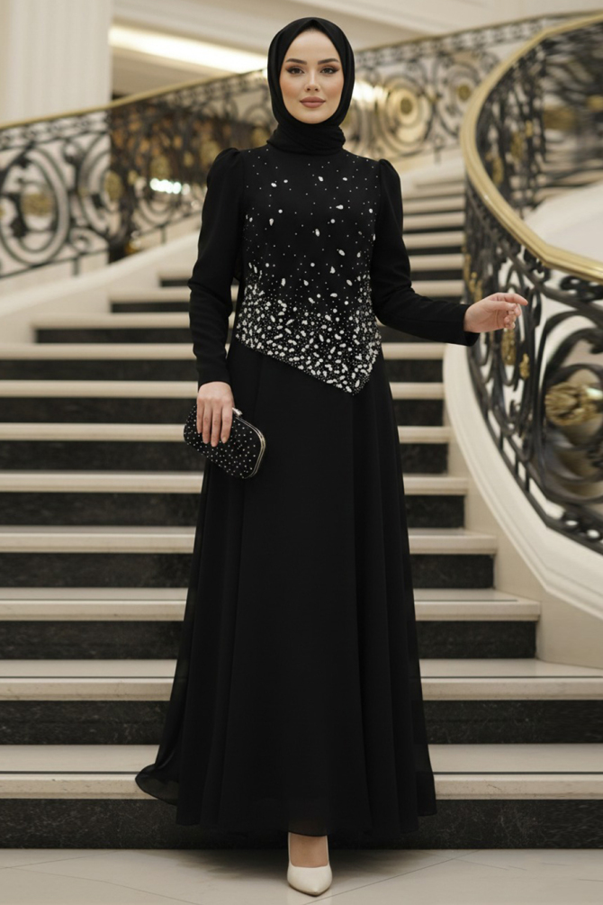 Tesettürlü Abiye Elbise - Boncuk Detaylı Siyah Tesettür Abiye Elbise 4832S - N.S NEVA STYLE