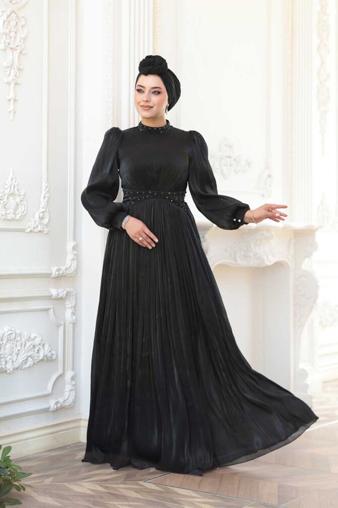 Tesettürlü Abiye Elbise - Boncuk Detaylı Siyah Tesettür Abiye Elbise 52751S - N.S NEVA STYLE