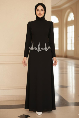 Tesettürlü Abiye Elbise - Boncuk Detaylı Siyah Tesettür Abiye Elbise 54191S - N.S NEVA STYLE