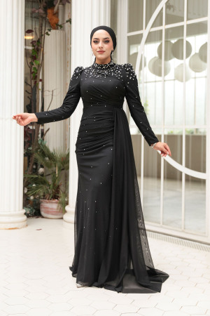Tesettürlü Abiye Elbise - Boncuk Detaylı Siyah Tesettür Abiye Elbise 54301S - 2
