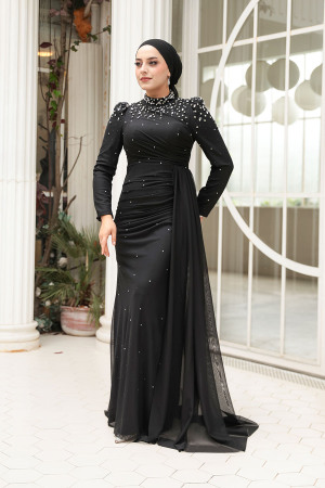 Tesettürlü Abiye Elbise - Boncuk Detaylı Siyah Tesettür Abiye Elbise 54301S - 1