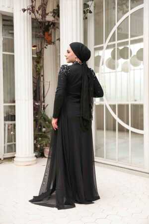 Tesettürlü Abiye Elbise - Boncuk Detaylı Siyah Tesettür Abiye Elbise 54301S - 4