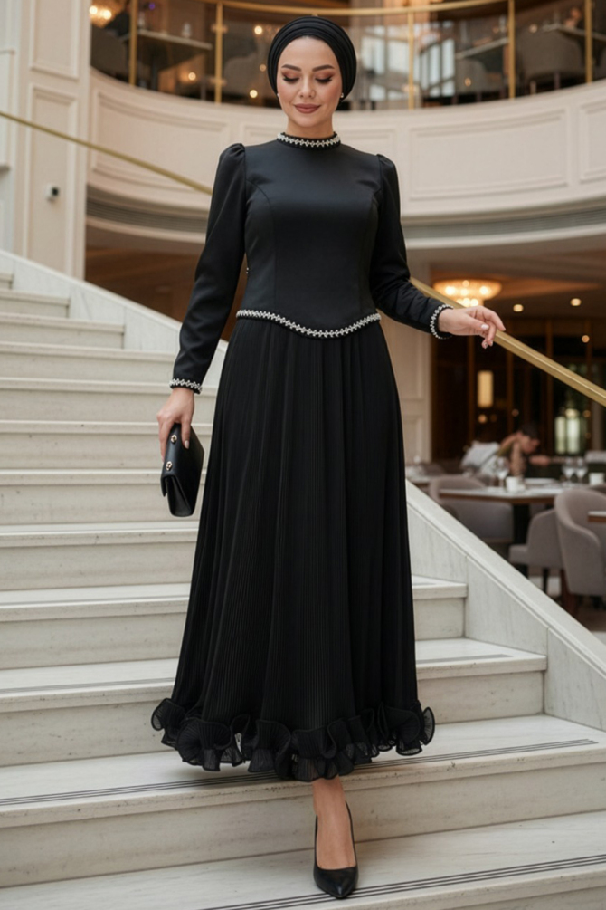 Tesettürlü Abiye Elbise - Boncuk Detaylı Siyah Tesettür Abiye Elbise 54981S - 1