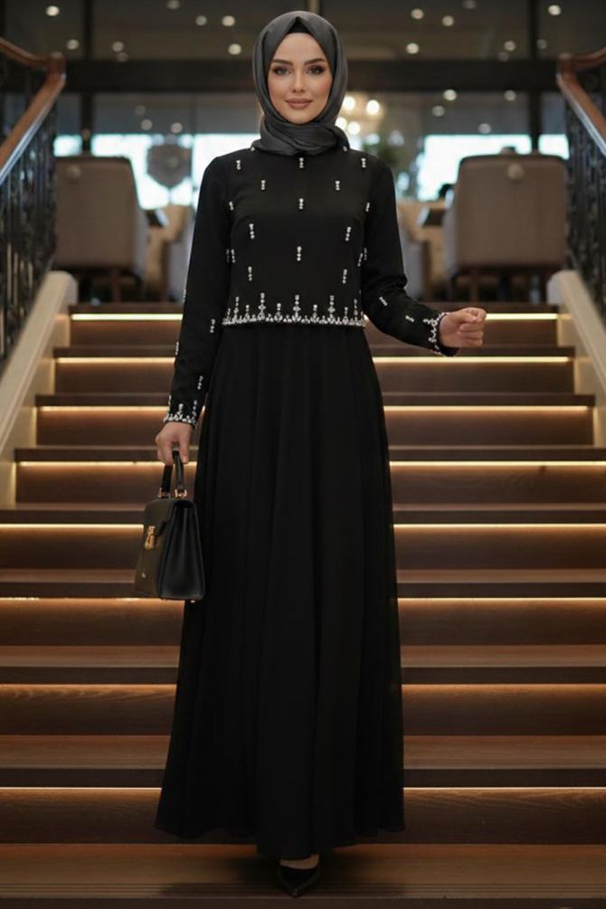 Tesettürlü Abiye Elbise - Boncuk Detaylı Siyah Tesettür Abiye Elbise 55721S - 1