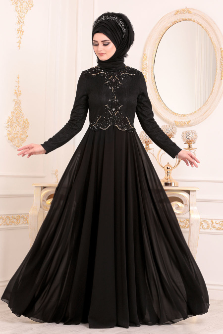 Tesettürlü Abiye Elbise - Boncuk Detaylı Siyah Tesettür Abiye Elbise 8129S