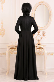 Tesettürlü Abiye Elbise - Boncuk Detaylı Siyah Tesettür Abiye Elbise 8129S - Thumbnail