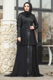 Tesettürlü Abiye Elbise - Boncuk Detaylı Siyah Tesettür Abiye Elbise 8720S - Thumbnail