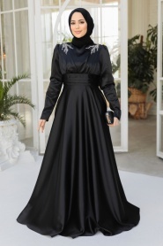 Tesettürlü Abiye Elbise - Boncuk Detaylı Siyah Tesettür Saten Abiye Elbise 25880S - Thumbnail