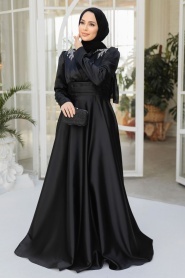 Tesettürlü Abiye Elbise - Boncuk Detaylı Siyah Tesettür Saten Abiye Elbise 25880S - Thumbnail