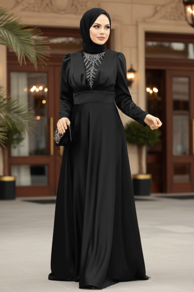 Tesettürlü Abiye Elbise - Boncuk Detaylı Siyah Tesettür Saten Abiye Elbise 39011S - 1
