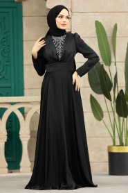 Tesettürlü Abiye Elbise - Boncuk Detaylı Siyah Tesettür Saten Abiye Elbise 39011S - Thumbnail