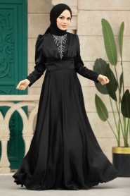 Tesettürlü Abiye Elbise - Boncuk Detaylı Siyah Tesettür Saten Abiye Elbise 39011S - Thumbnail