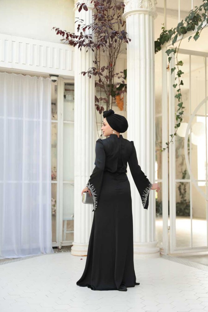 Tesettürlü Abiye Elbise - Boncuk Detaylı Siyah Tesettür Saten Abiye Elbise 53361S - 5