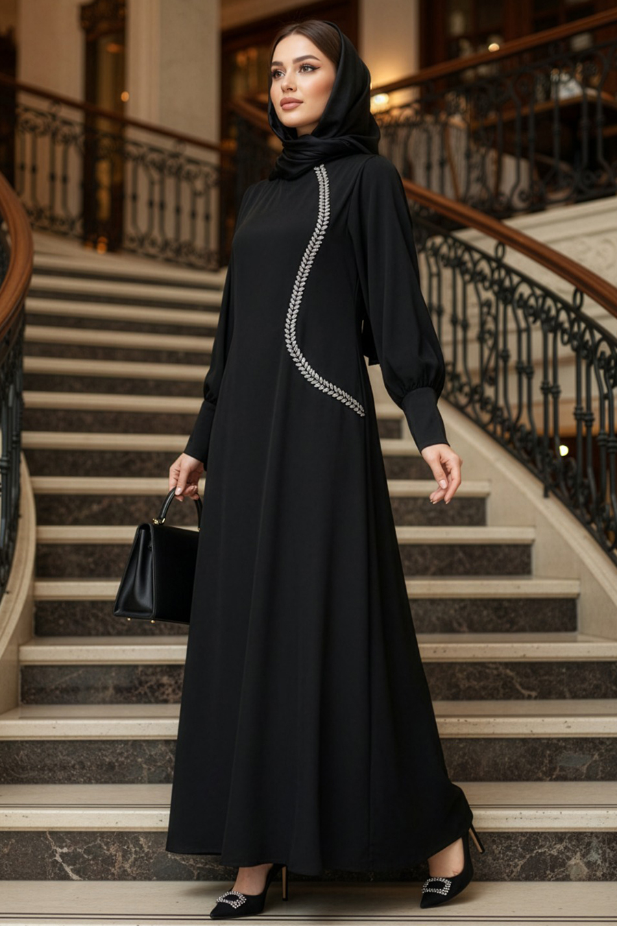 Tesettürlü Abiye Elbise - Boncuk Detaylı Siyah Tesettür Saten Abiye Elbise 62281S