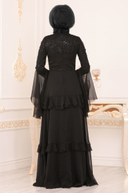 Tesettürlü Abiye Elbise - Boncuk Detaylı Siyah Tesettürlü Abiye 190501S - Thumbnail