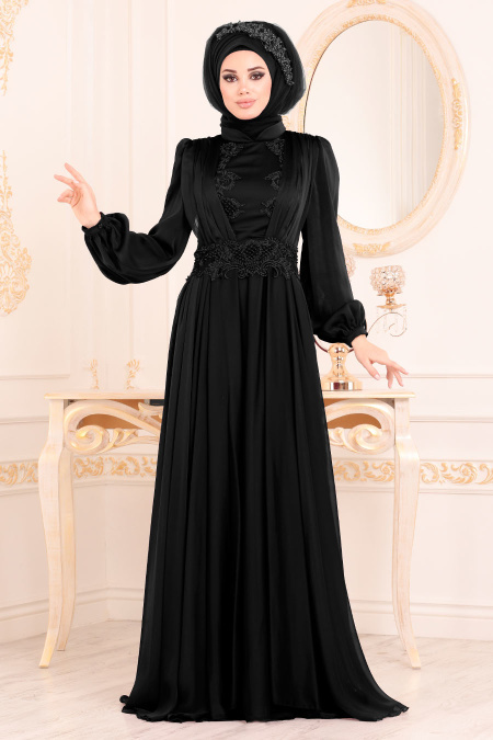 Tesettürlü Abiye Elbise - Boncuk Detaylı Siyah Tesettürlü Abiye Elbise 37331S