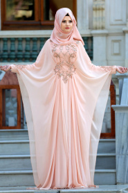Tesettürlü Abiye Elbise - Boncuk Detaylı Somon Tesettür Abiye Elbise 105SMN - Thumbnail