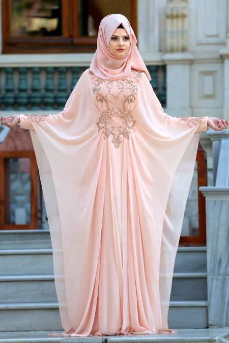 Tesettürlü Abiye Elbise - Boncuk Detaylı Somon Tesettür Abiye Elbise 105SMN