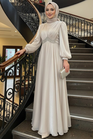 Tesettürlü Abiye Elbise - Boncuk Detaylı Taş Tesettür Abiye Elbise 4876TAS - 1