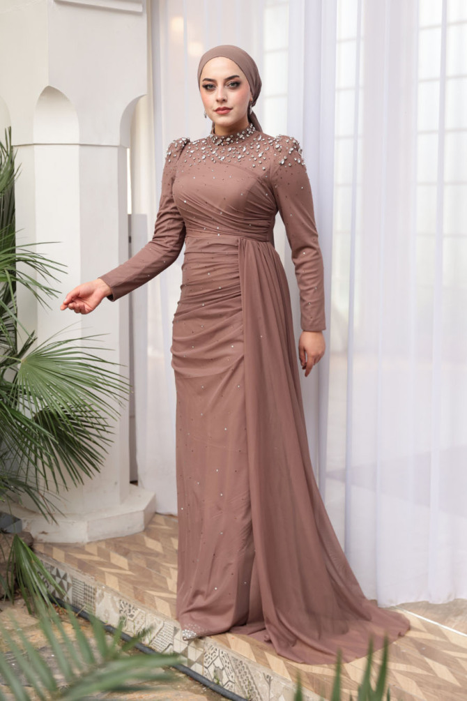 Tesettürlü Abiye Elbise - Boncuk Detaylı Vizon Tesettür Abiye Elbise 54301V - N.S NEVA STYLE