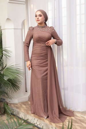 Tesettürlü Abiye Elbise - Boncuk Detaylı Vizon Tesettür Abiye Elbise 54301V - 3