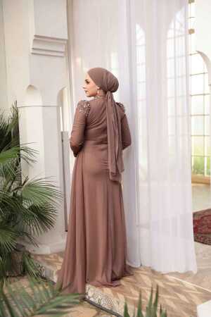 Tesettürlü Abiye Elbise - Boncuk Detaylı Vizon Tesettür Abiye Elbise 54301V - 4