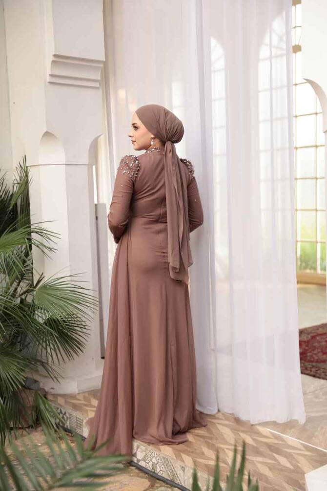 Tesettürlü Abiye Elbise - Boncuk Detaylı Vizon Tesettür Abiye Elbise 54301V - 4