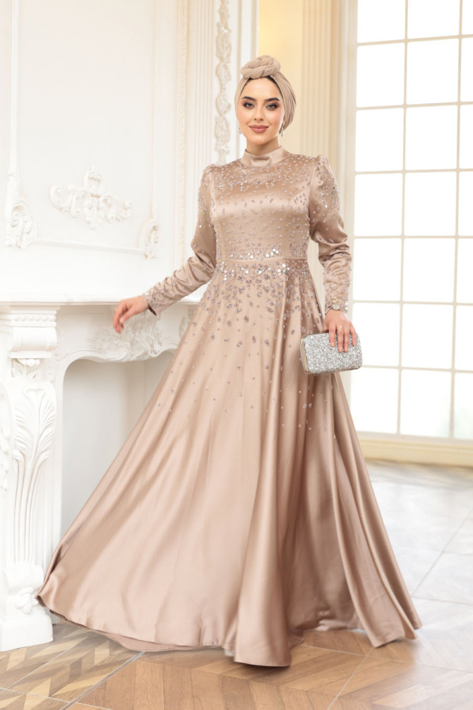 Tesettürlü Abiye Elbise - Boncuk Detaylı Vizon Tesettür Saten Abiye Elbise 25894V - TESETTÜRLÜ ABİYE ELBİSELER