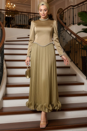 Tesettürlü Abiye Elbise - Boncuk Detaylı Yağ Yeşili Tesettür Abiye Elbise 54981YY - N.S NEVA STYLE