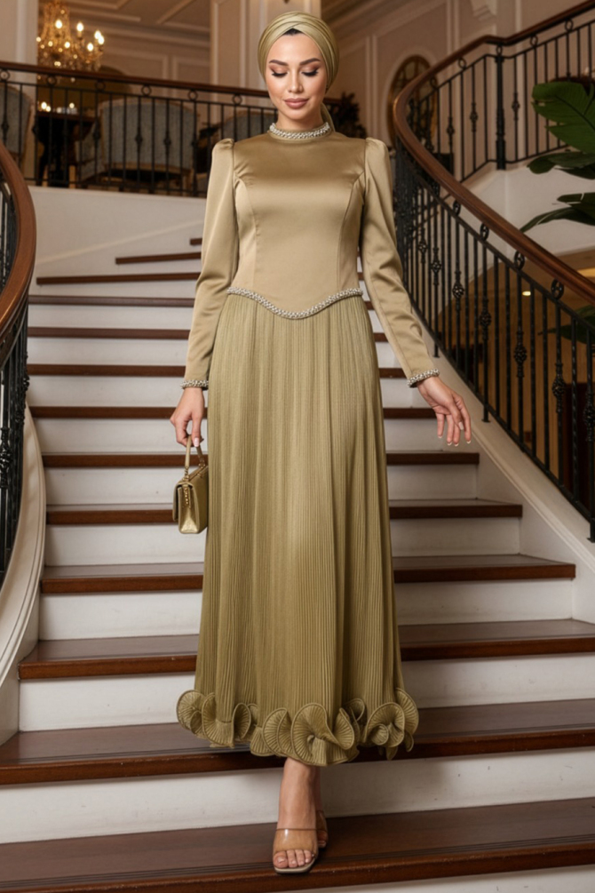 Tesettürlü Abiye Elbise - Boncuk Detaylı Yağ Yeşili Tesettür Abiye Elbise 54981YY - 1
